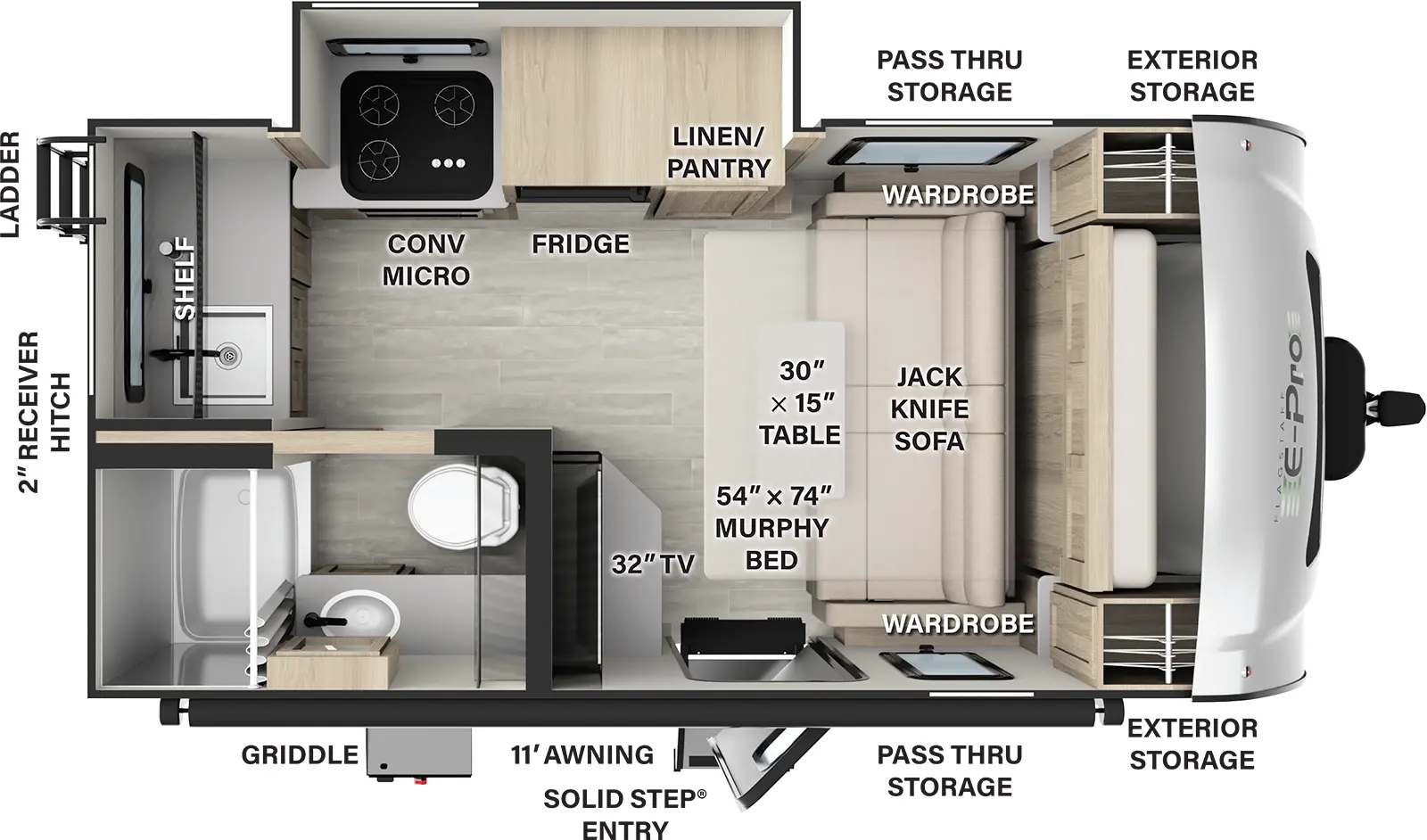 The E15FBS has one slideout and one entry. Exterior features exterior storage, pass-thru storage, 11 foot awning, solid step entry, griddle, and rear ladder, and two inch receiver hitch. Interior layout front to back: jack knife sofa/murphy bed with wardrobes on each side and table; off-door side slideout with linen closet/pantry, refrigerator, and convection microwave; door side entry, and TV along inner wall; rear door side full bathroom; rear off-door side kitchen counter with sink, and shelf.  